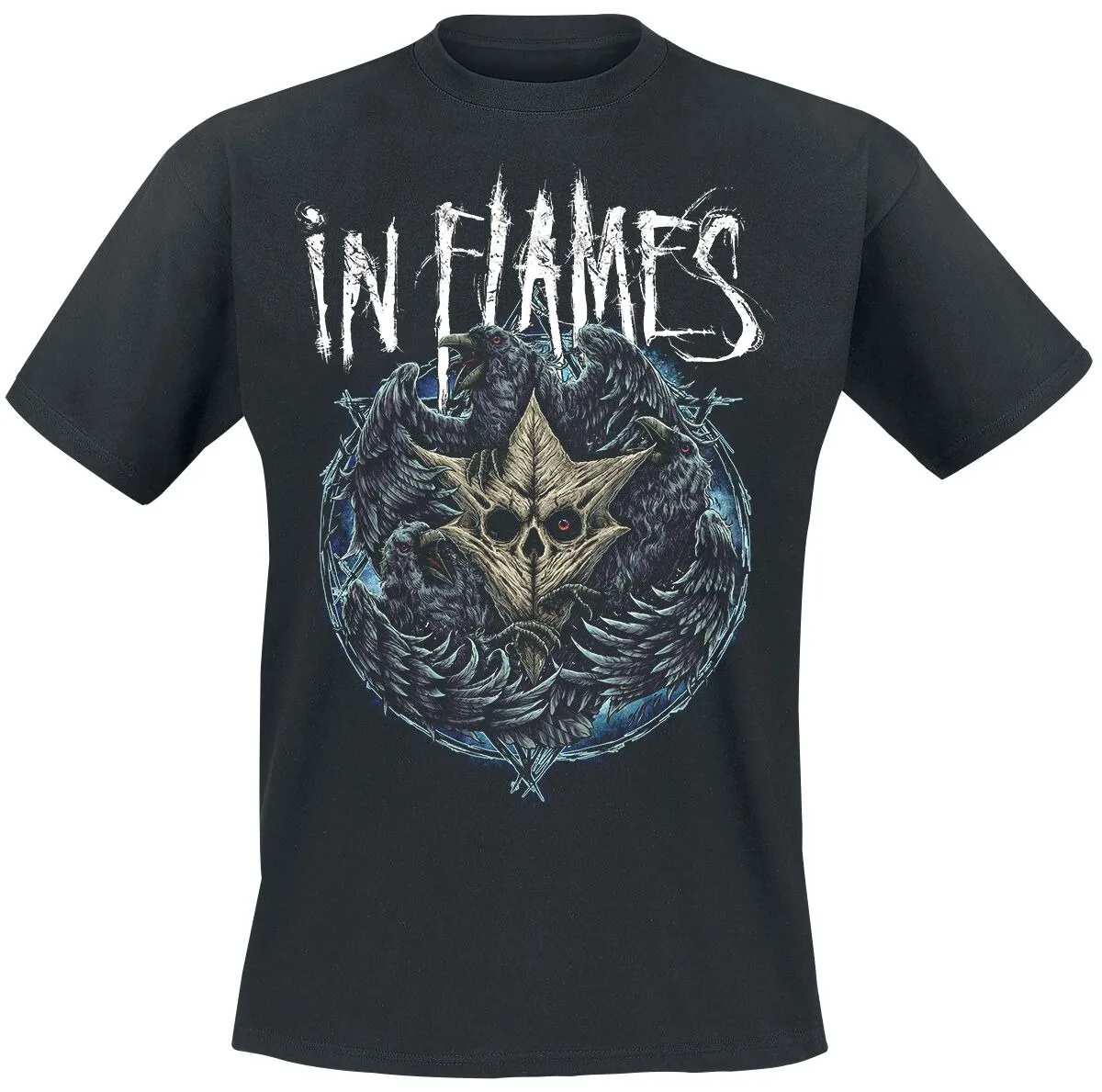 In Flames Gothic Crow & Star Graphic Tee, Black Metal Shirt with Barbed Wire & Occult Symbol for Fans