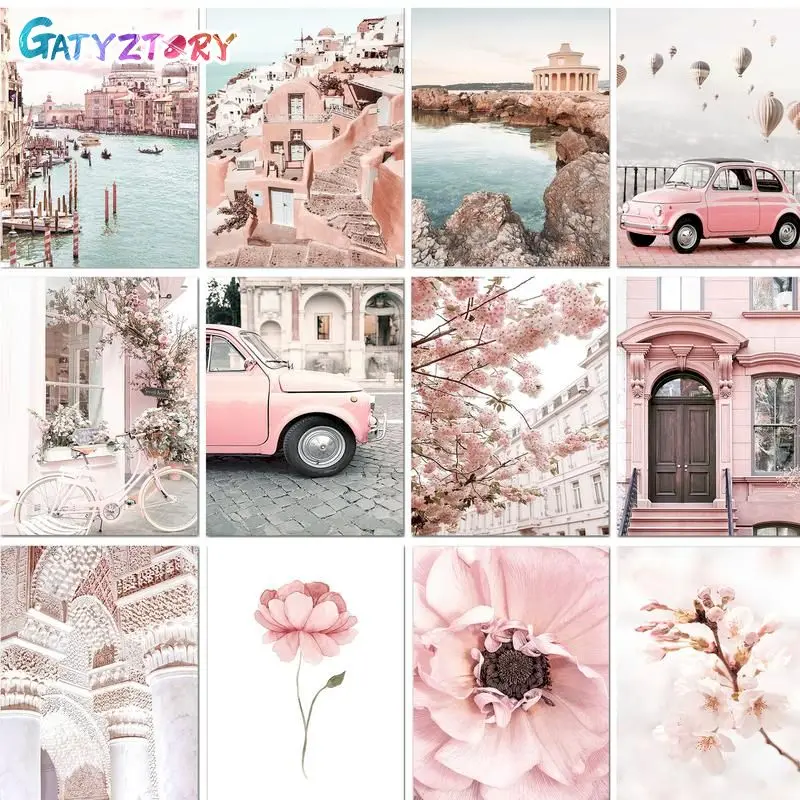 

GATYZTORY 40x50cm Paint By Numbers Frame Pink Landscape Building Car Flower Picture Drawing Adults Crafts Paint Kit For Beginner