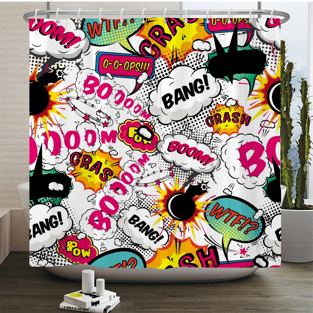 Comic Style Shower Curtain Humor Speech Bubbles Funny Vivid Cartoon Bang Boom Pop Art Illustarion Design Decor Bathroom Curtains