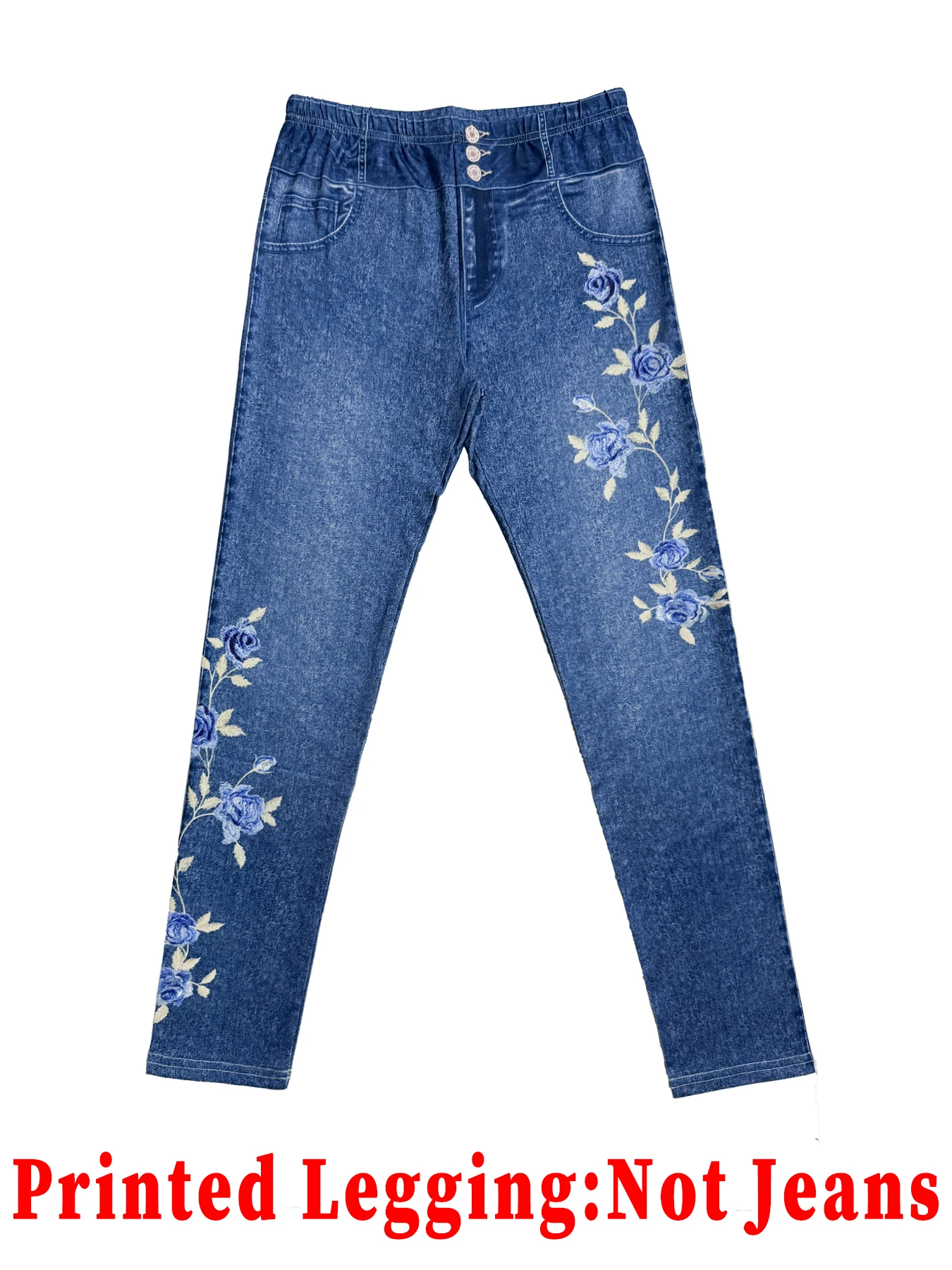 Damen-Leggings aus Kunstdenim mit Rosen-Blumenmuster, hohe Taille, 3 Knöpfe, dehnbar, eng anliegend, lässige Slim-Fit-Hose, keine echten Jeans – Detail 4