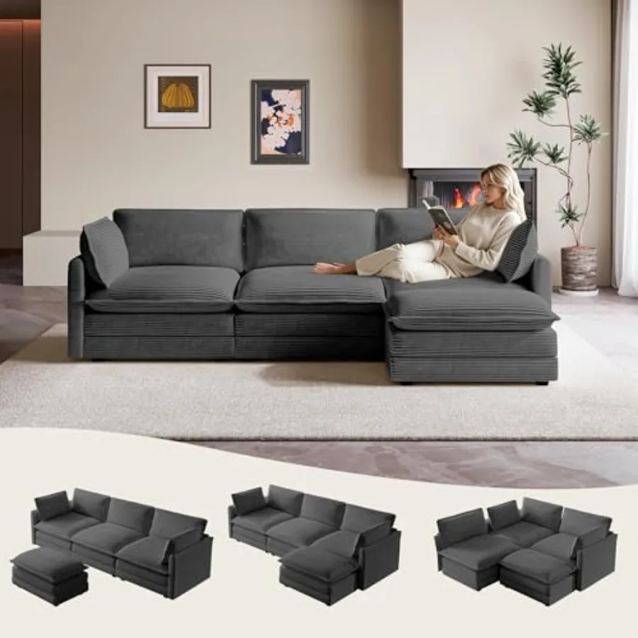 Living room modular sectional couch with movable ottoman, corduroy fabric, dark grey, deep seat L-shaped design for apartment a