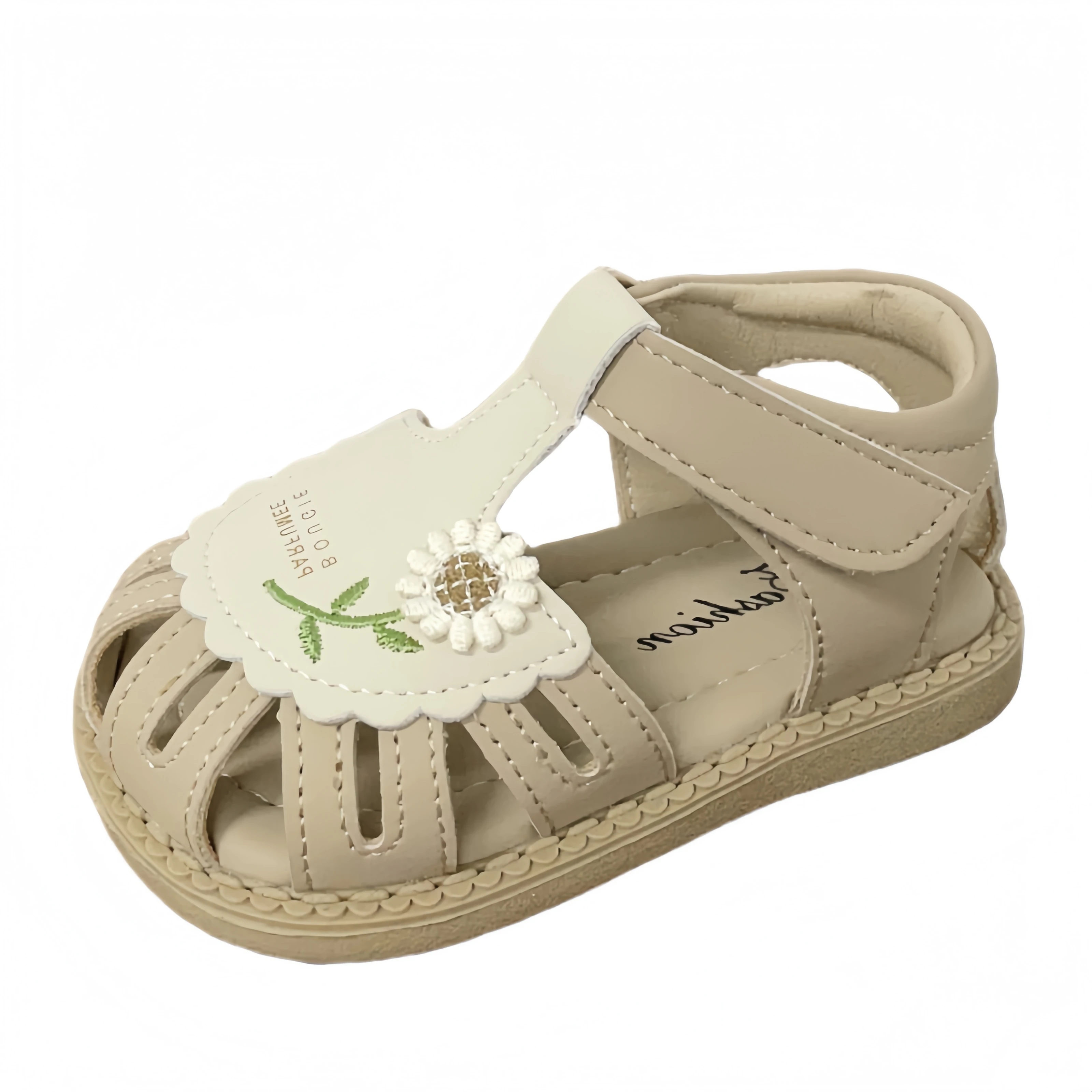 Children's Comfortable Summer Sandals With Cute Embroidered Flower Closed Toe Strap Toddler Shoes For Little Princess