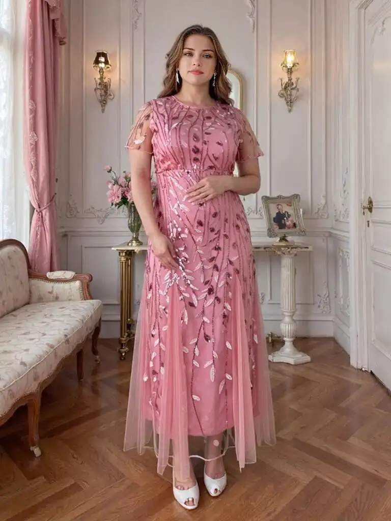 

Size Plus Women's Fashion Mom Dress Embroidered Sequin Dress Wedding Gown Ruffle 2025 Party Summer Elegantes Casual Y2k