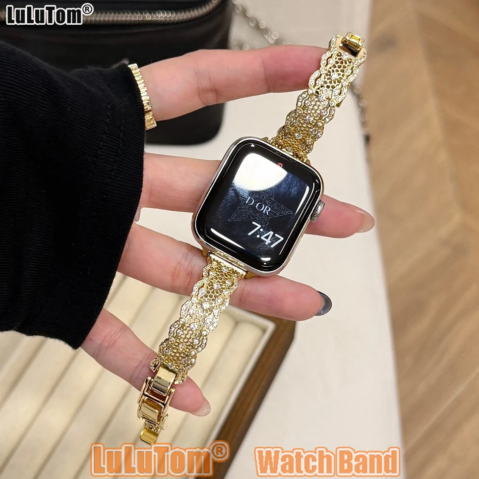

Ремешок для Apple Watch 38 40 41 42 44 45 46 49 мм Металлическая цепочка с кружевом и цирконием для Iwatch Series 10 9 8 7 6 5 4 SE Ultra Браслет