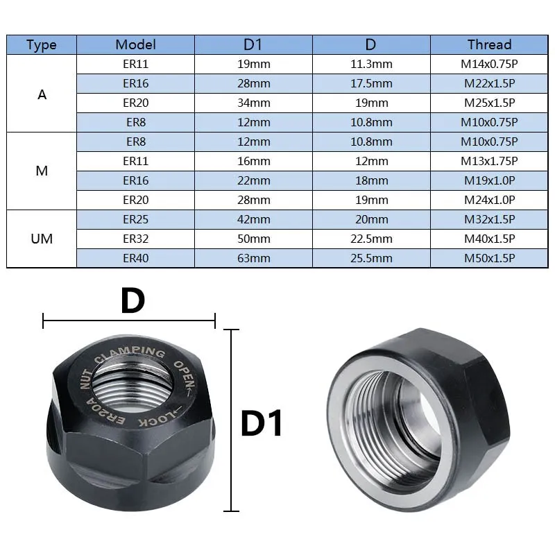 XLil1-Mandrin à pince pour tour CNC, fraise, porte-mèche de routeur, ER8, ER11, ER16, ER20, ER25, ER32, ER40 A, M, UM, Type ER, 1 pièce