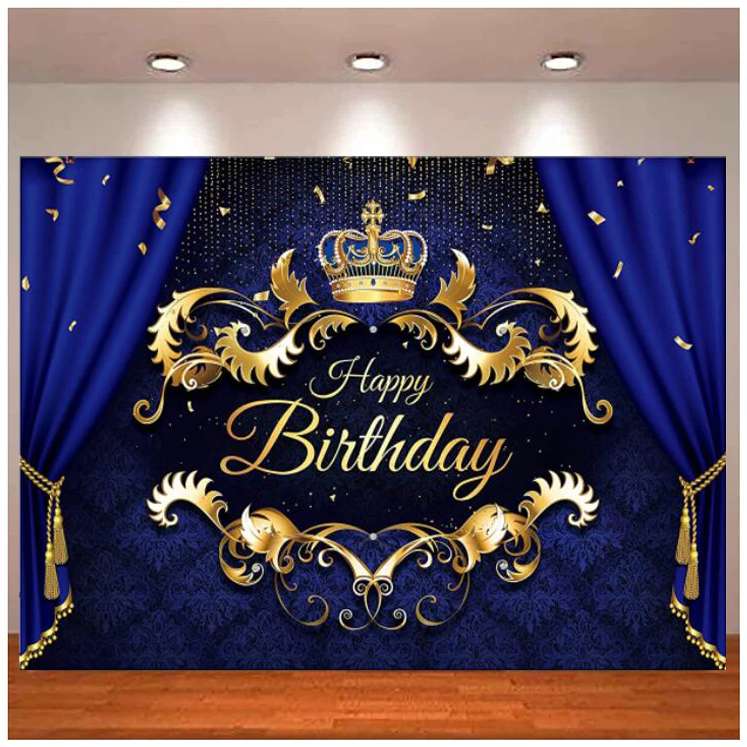 Royal Prince Birthday Party Photography Backdrop Blue Gold Little Prince King Crown 1st First Boy\'s Celebration Party Background