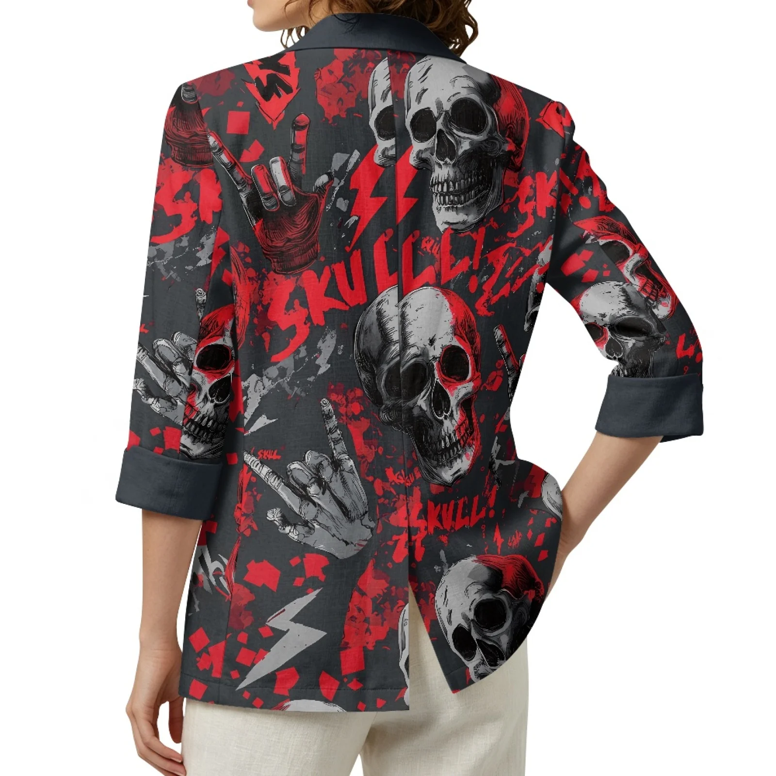 PENSTROLL Punk Skull Print Linen Like Light Cover Up Open Front Button Cardigans for Women Casual Layering Piece