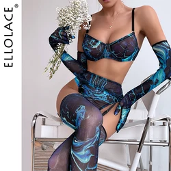 Ellolace Tie Dye Lingerie With Stocking Sleeve Sexy Fancy Underwear 5-Piece Uncensored Intimate See Through Mesh Sensual Outfits