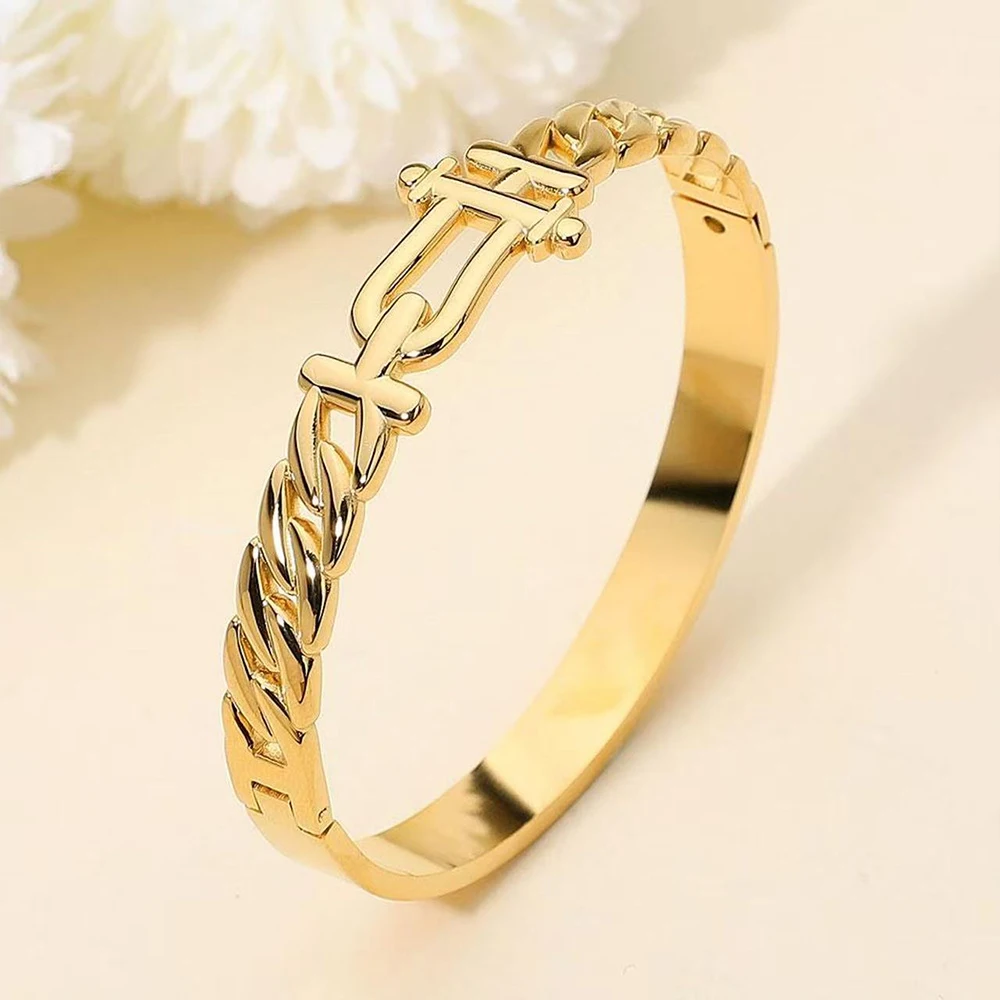 Stainless Steel Snap-on Bangles Women Gold Color Openwork Chain Bangles Fashion Jewellery Accessories Gift 60mm Button Bracelets