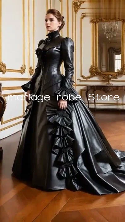 Schwarz glänzende viktorianische Ballkleider, maßgeschneidert, Stehkragen, Trubelkorsett, Schnürung, Spaziergang, Tee, Damen-Abend-Anlass, Gwon-Outfit
