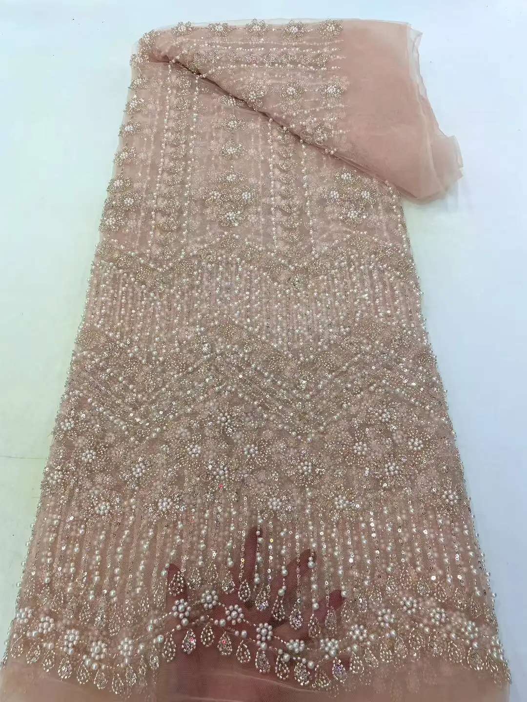 

2025 Handmade French Tulle Sequins Lace Fabric High Quality Embroidery African Beads Lace Fabric for Women Dresses