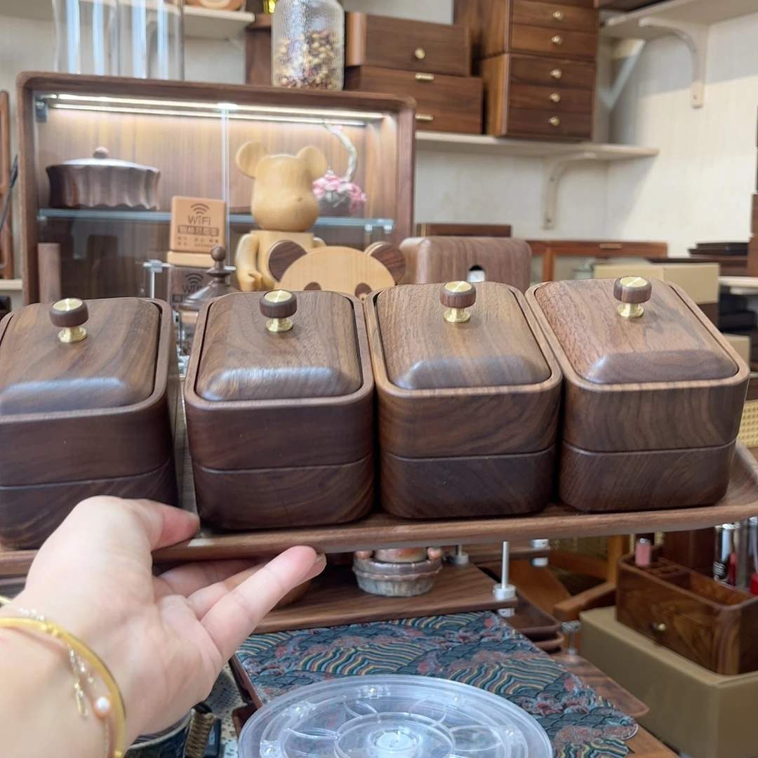 

Double Layer Bla Walnut Wood Storage Box with Lid for Tootis Tootaste Cotton Swabs Home Desktop Organizer Box