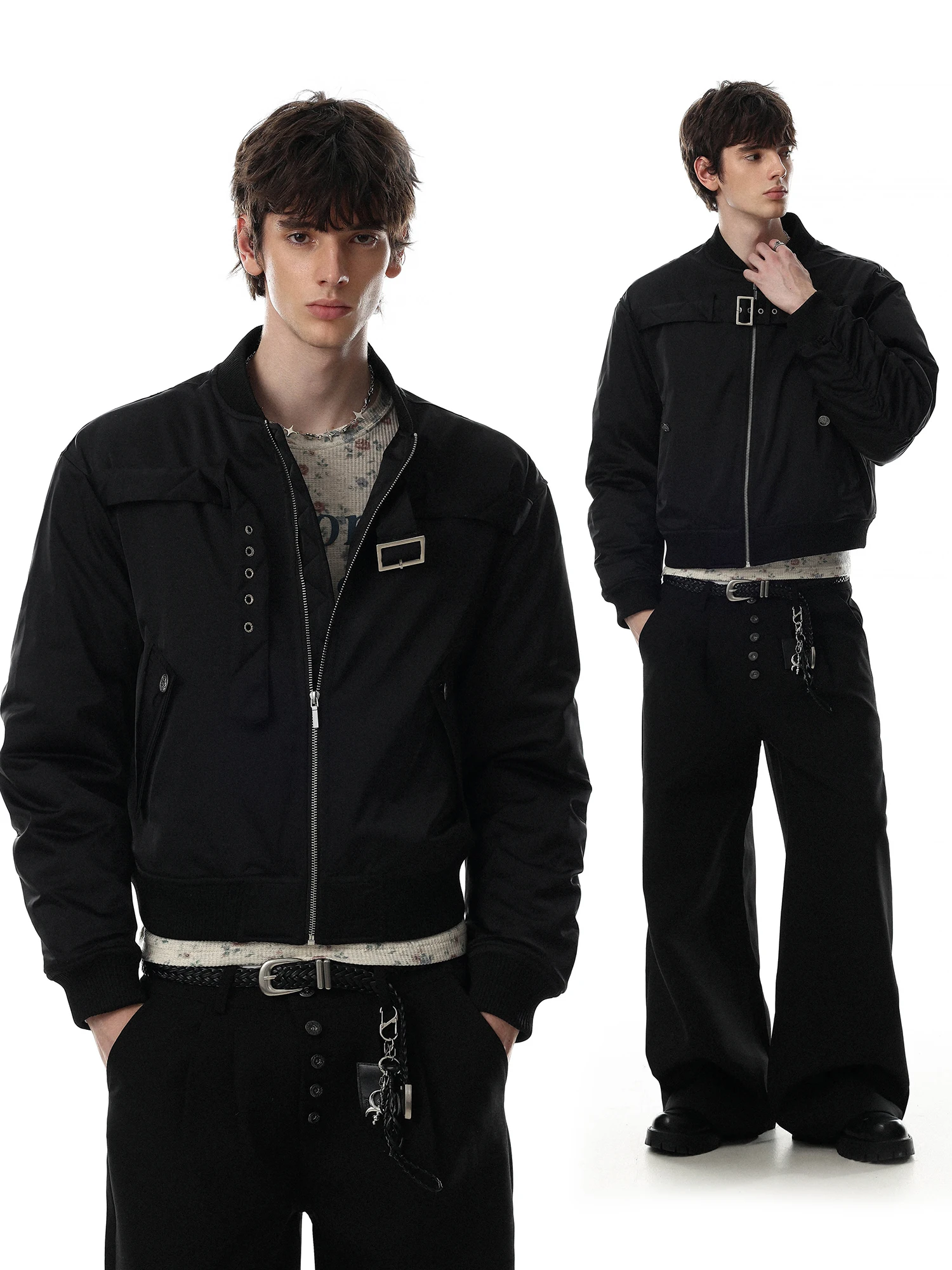 Men's Biker Style Cotton Jacket Warmth Pure Color Chest Buttoning Thickened Polyester Fiber Zipper Closure Short Coat