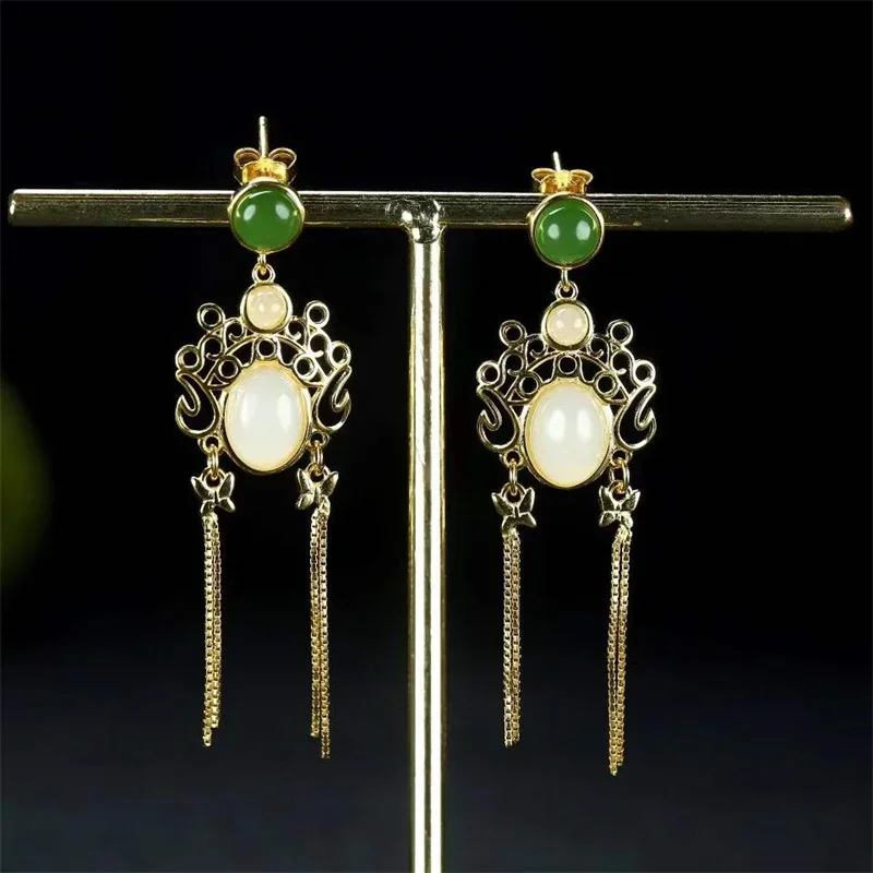 

Hot Selling Natural Hand-carved 925 Silver Gufajin Inlaid White Jade Facebook Avatar Earrings Studs Fashion Jewelry Women Gifts