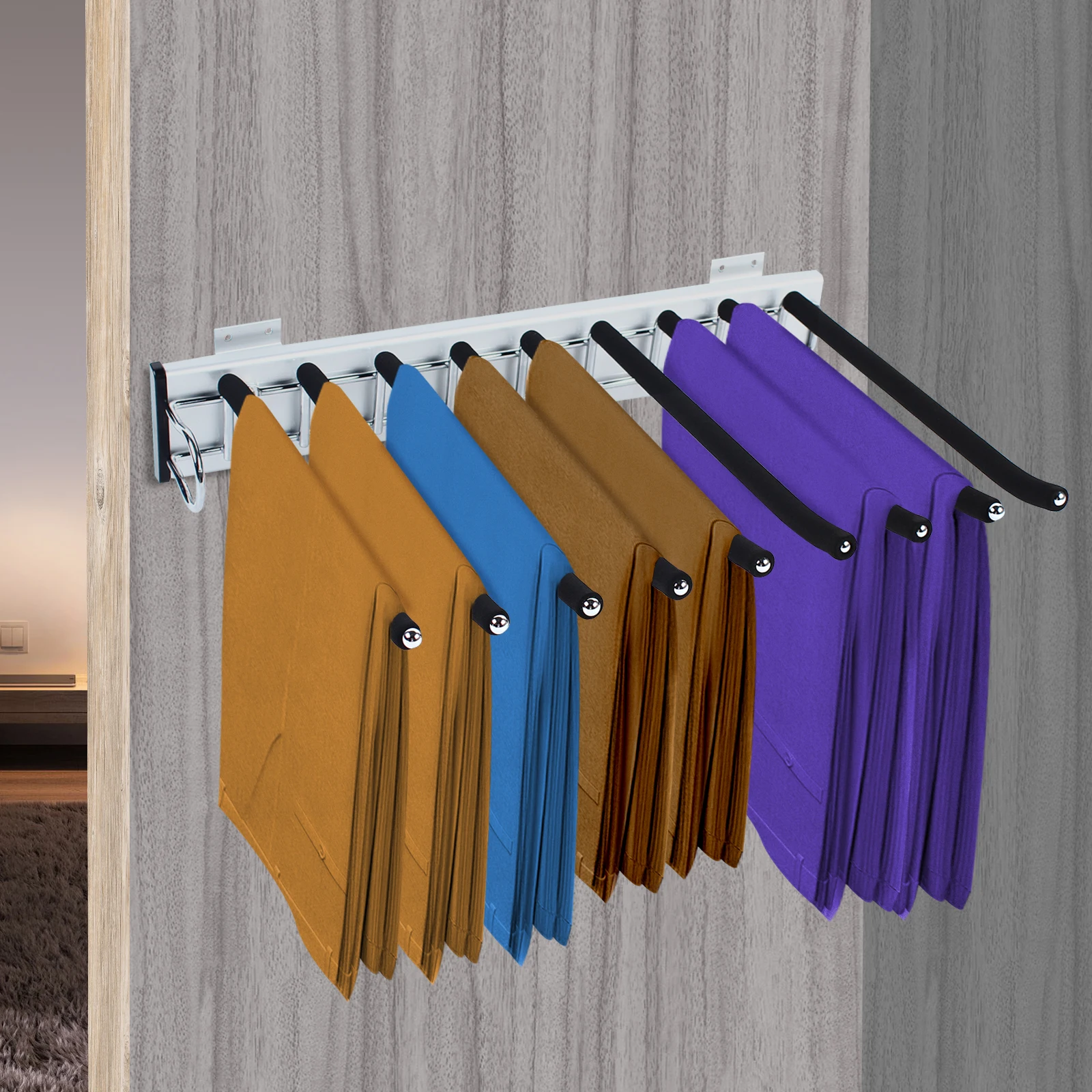 LOYALHEARTDY Pull Out Trouser Pants Organizer Hanger Bar Rack Closet Wardrobe Left-mounted Stainless Steel