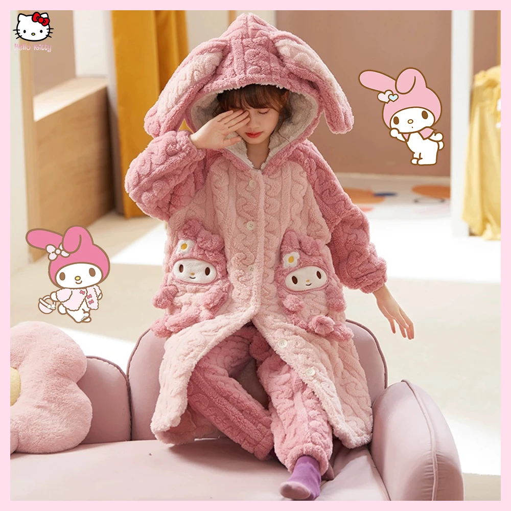 Autumn Winter Children\'s Plush Pajamas Robe Anime Sanrioed Cinnamoroll Melody Kuromi Kawaii Girl Cute Hooded Thicken Home Clothe