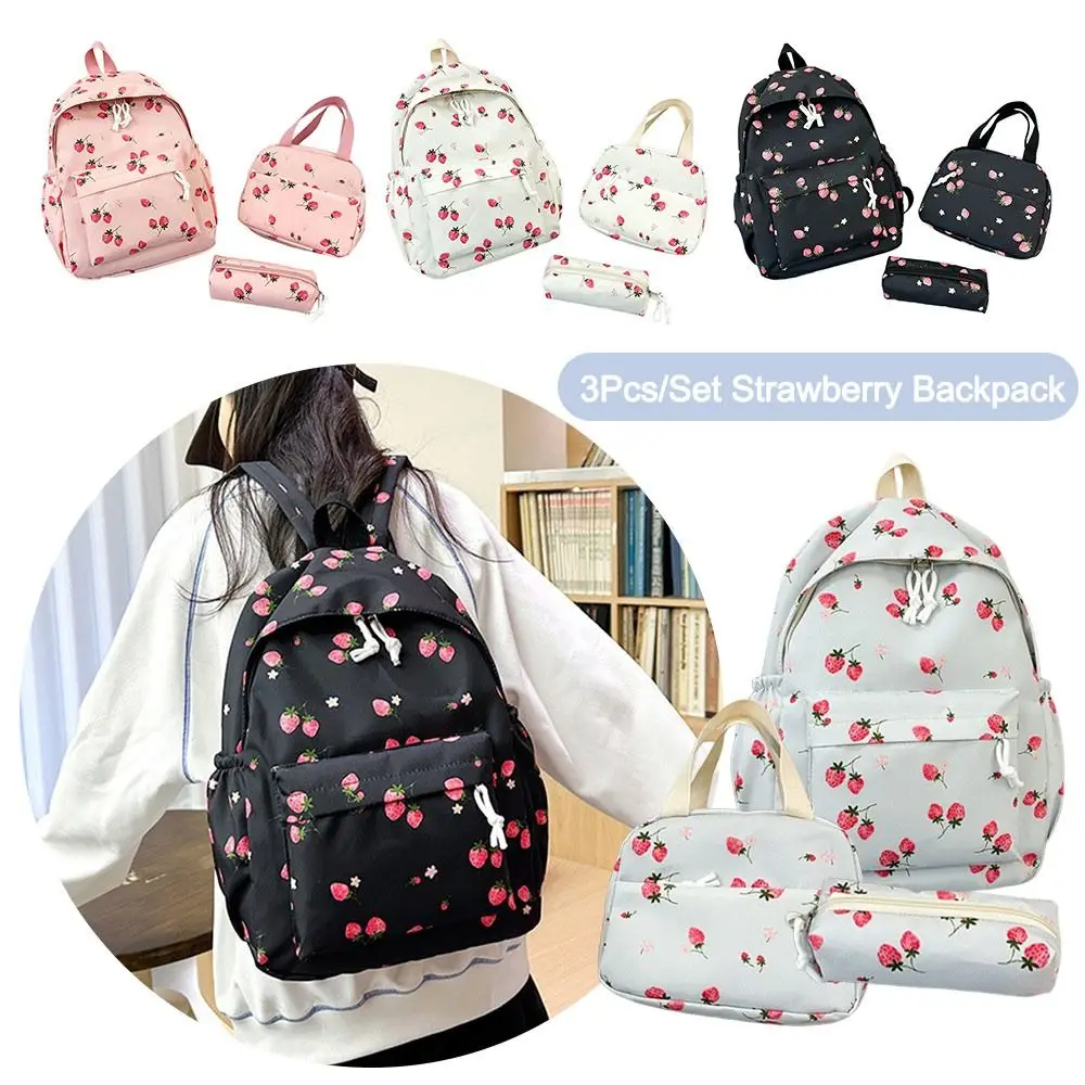 Oxford Cloth Strawberry Backpack Large Capacity Adjustable School Bag Preppy Style with Lunch Bag & Pencil Case Travel Backpack