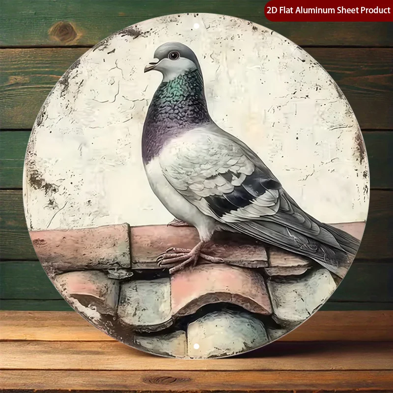 2D Flat, 1pc Vintage Texture Holiday Decorative Plaques, Pigeon Round Sign,Roosting Bird Round Plaque, Weathered Roof Rustic Met