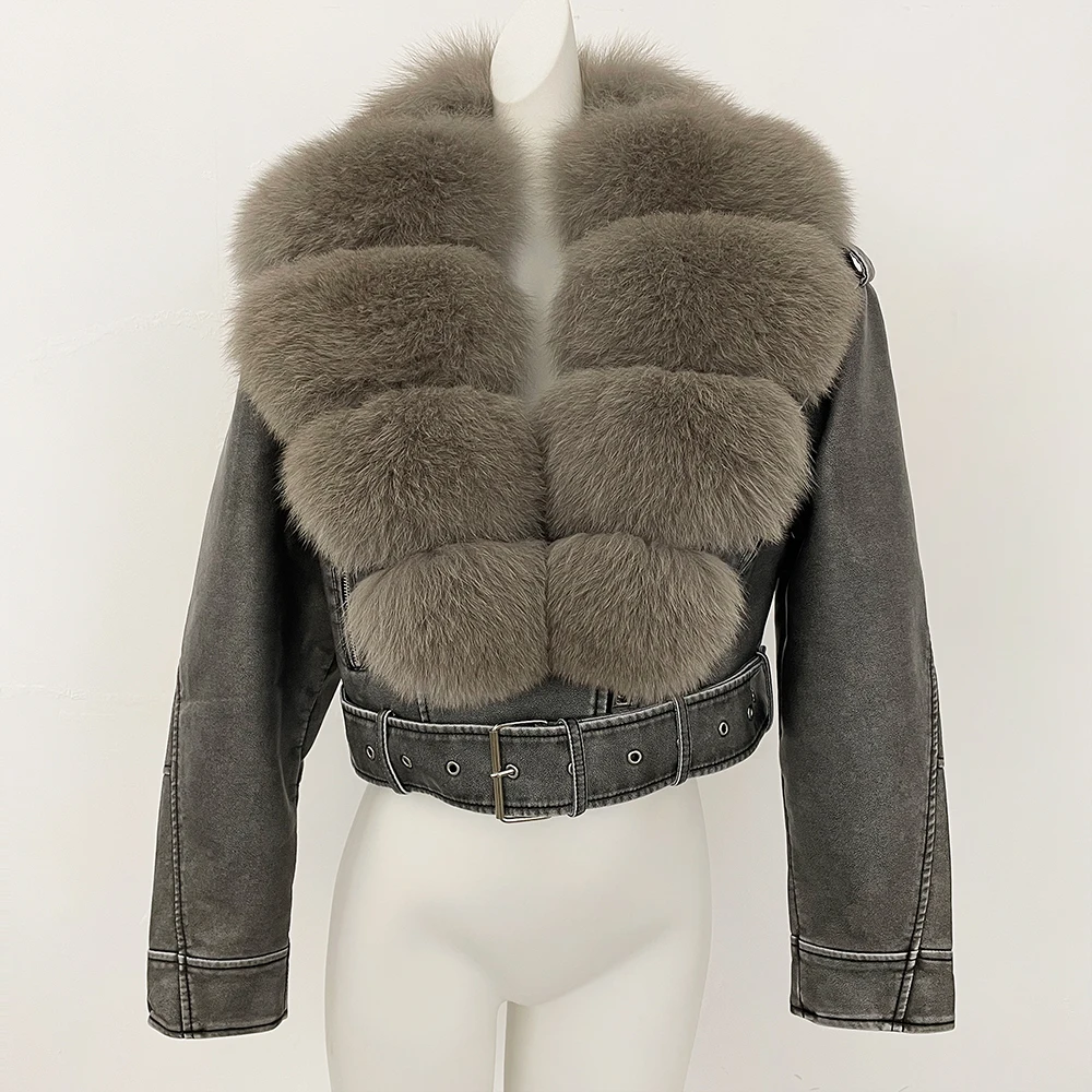 MENINA 2025, Herbst Winter Frauen Schaffell Leder Mantel mit Großen Echten Fuchs Pelz Kragen Jacke Pelzigen Winter Warme Slim Fit Kleidung