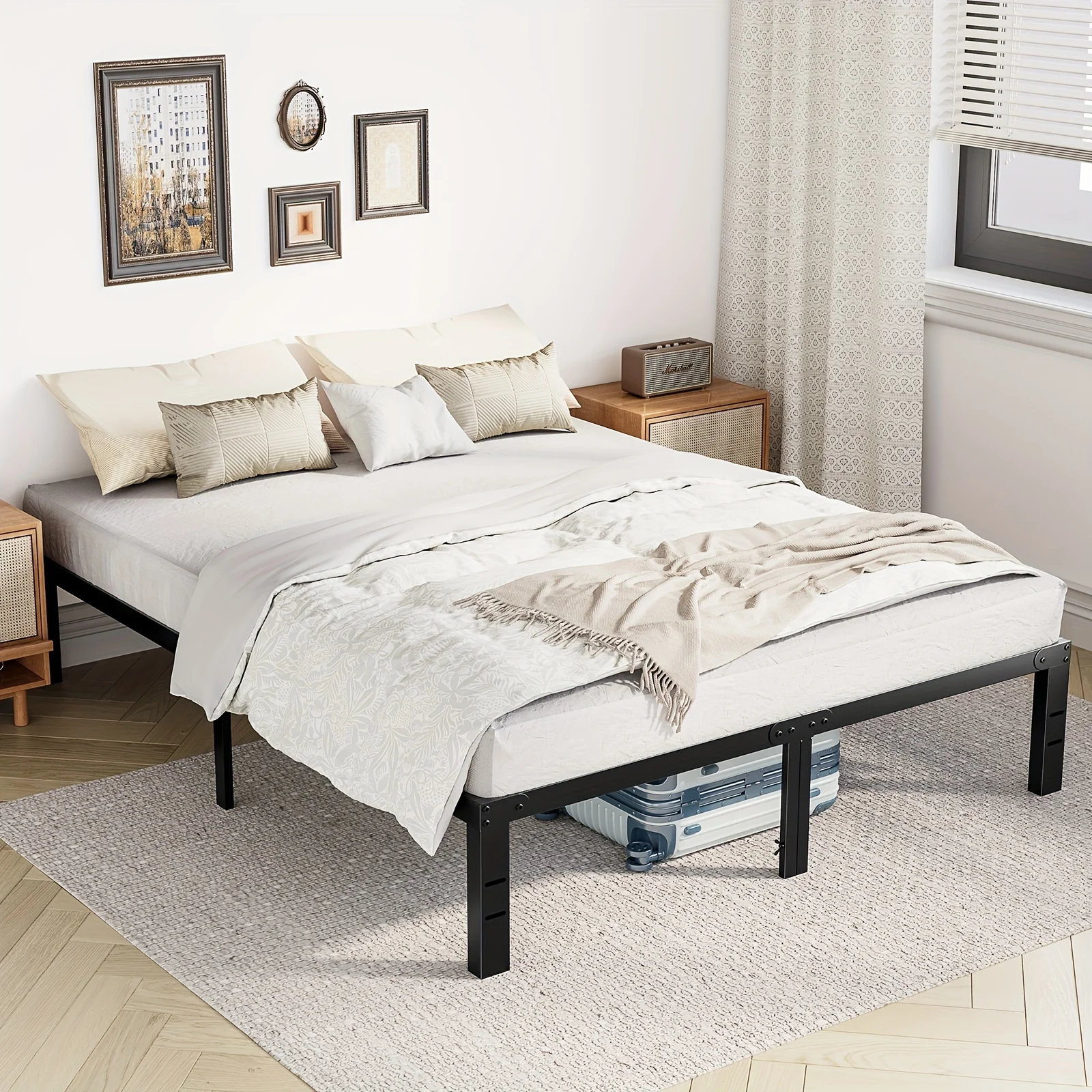 Bed Frame -12/14/16/18in 4 Size Platform Bed Frame Metal Mattress Foundation with Steel Slat Support, No Box Spring Needed, Stor