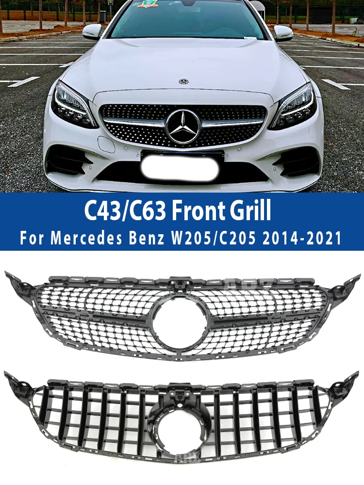 Front Bumper Radiator Diamond AMG GT E63S Grille Silver Black Grill For Mercedes Benz C Class W205 2014-2021 C180 C200 C300 C350