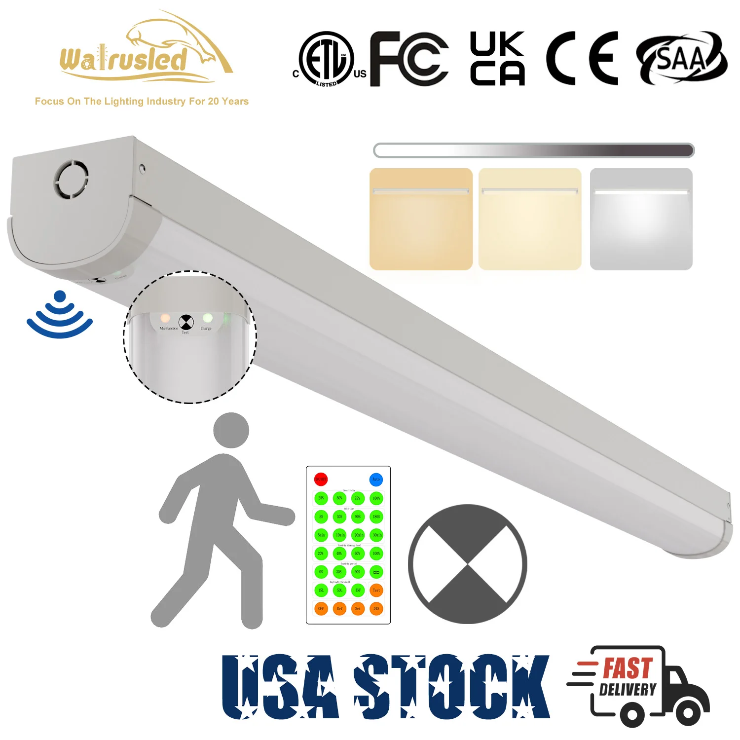 

4 Foot Tri-Level Motion Sensor LED Linear Strip 20W Emergency Output Stairwell Light w/Remote, Battery Backup 3CCT Dimmable FCC