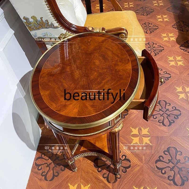 A32 English Classical Mahogany Round Corner Table Pure Copper Decorative Piece Coffee Table Sofa Side Table