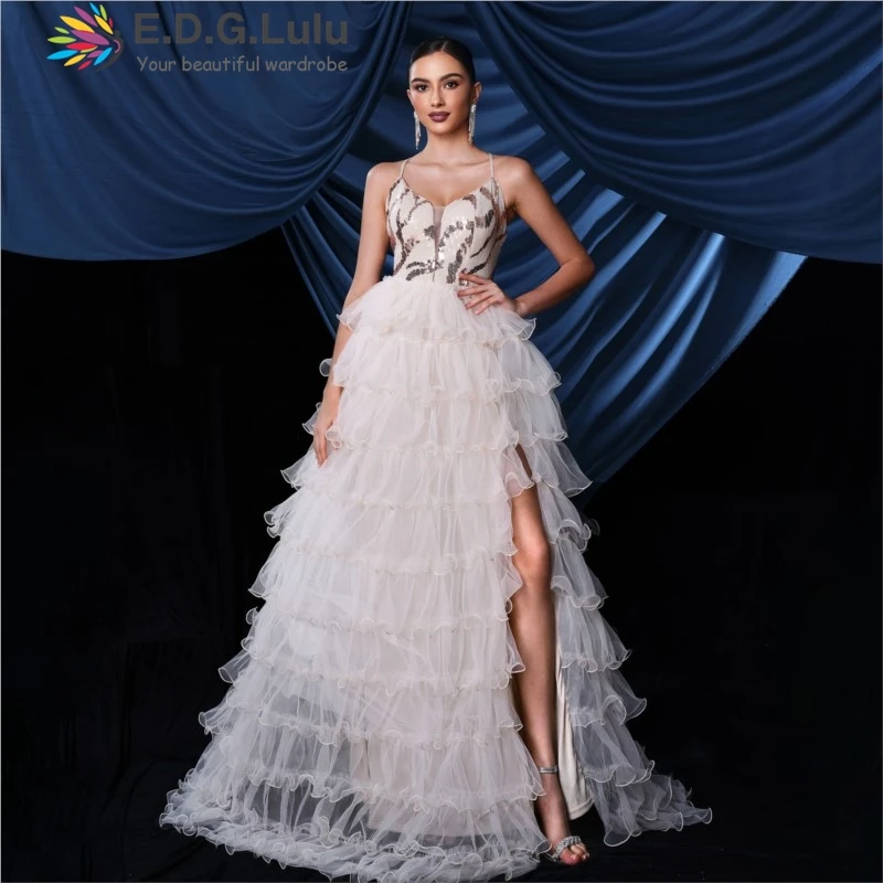 

EDGLuLu Backless Long Evening Elegant Dresses For Women Wedding Party Sequin Patchwork Mesh Cascading Ruffled Birthday Dress0722