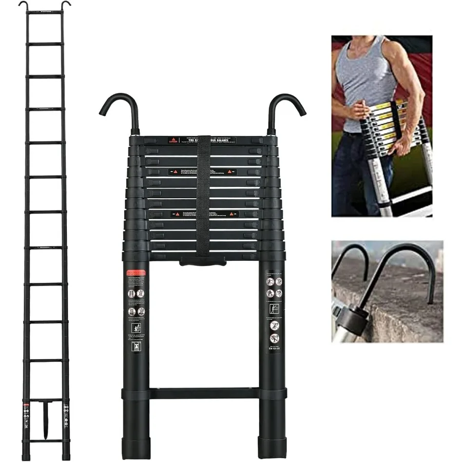 

Алюминиевая телескопическая лестница с крючками, черная телескопическая лестница 20,3 фута, втягивающая одной кнопкой, портативная удлинительная лестница, складная L