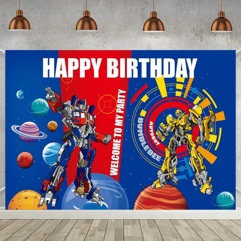 Happy Boy Birthday Transformer Cartoon Backdrop Optimus Universe Planets Blue Red Kids Celebration Party Table Background Photo