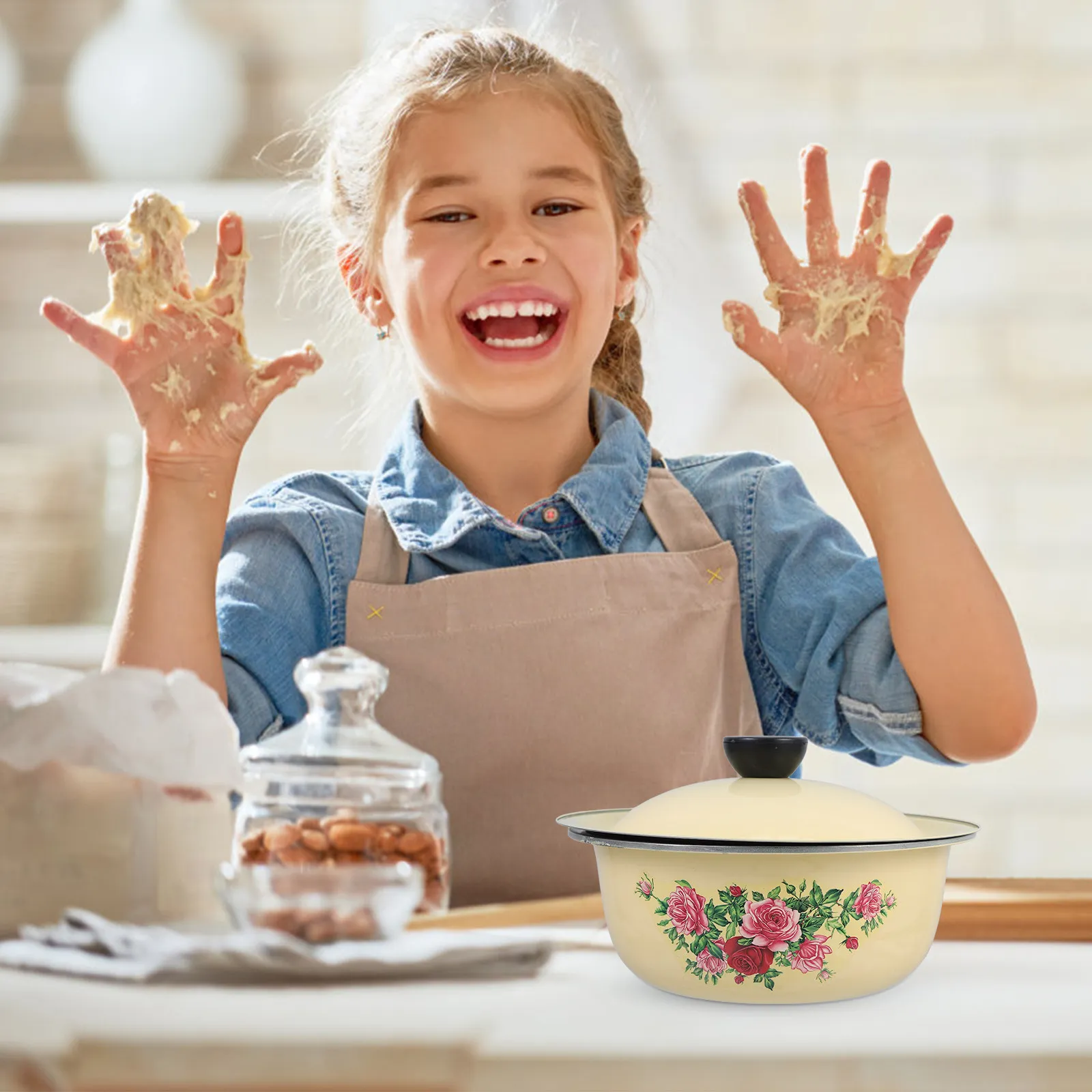 Tazón de Esmalte Vintage de 18 cm con Tapa, Tazón Rústico Retro para Amasar, Almacenar Sobrantes, Cereales, Frutas, Lavar Verduras y Ensaladas