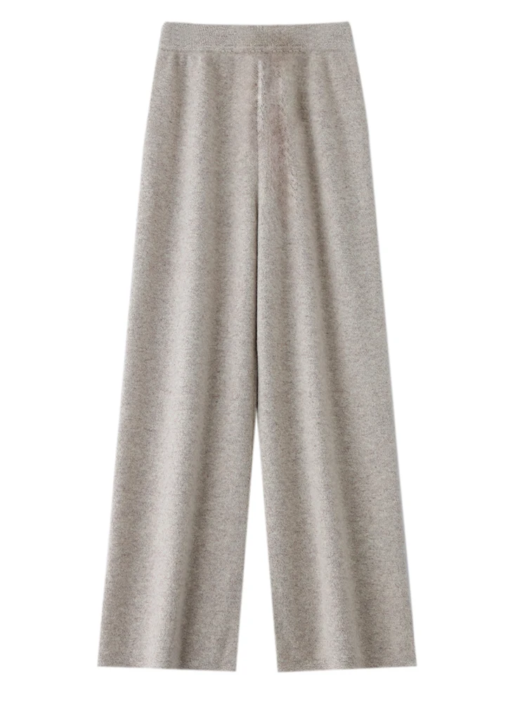 Women 100% Merino Wool Knitted Wide Leg Pants Autumn Winter Basic Soft Warm Cashmere Knit Trousers Casual Simple Fashion Style