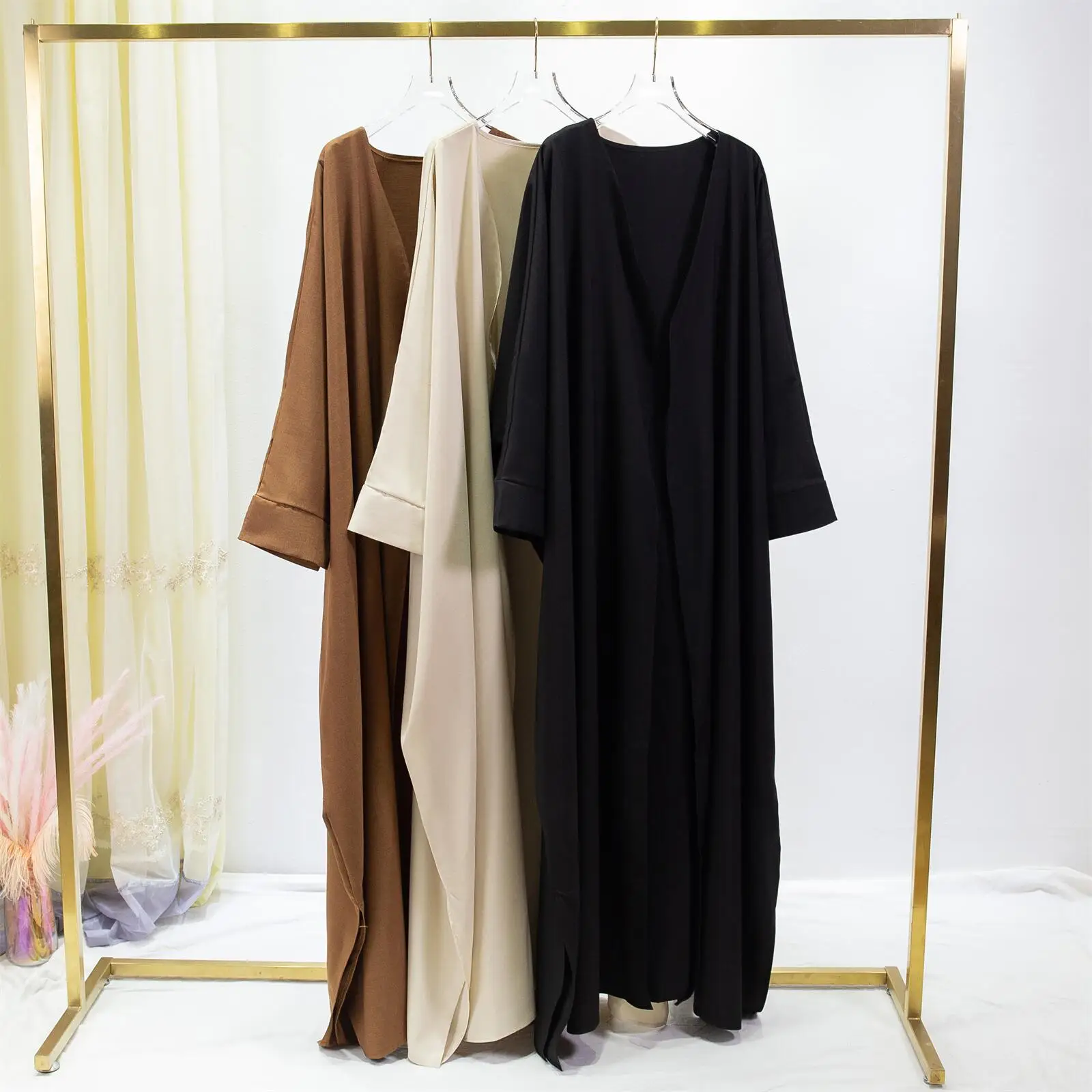 Muslim Open Front Abaya Long Sleeve Solid Wearout Kaftan Loose Maxi Length Dress Women Jilbabs Cardigan Coat Women's Clothing