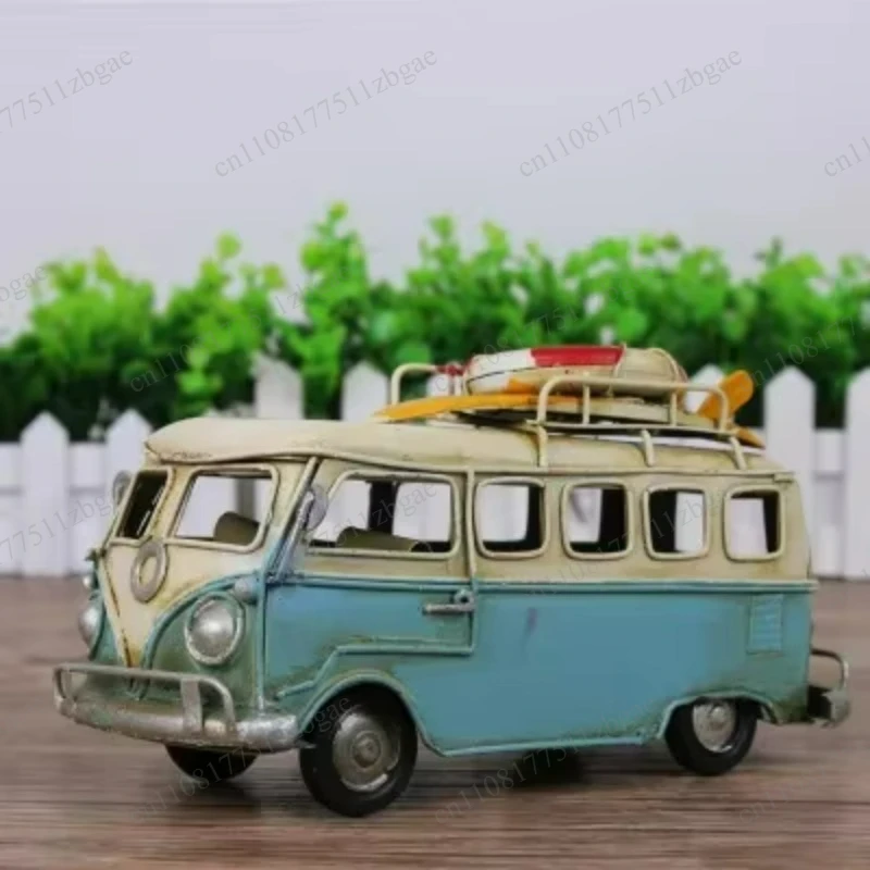 1pc Retro Printed Mini Bus Alloy Model Styling Van Decor Vehicle  Collectible Ornament