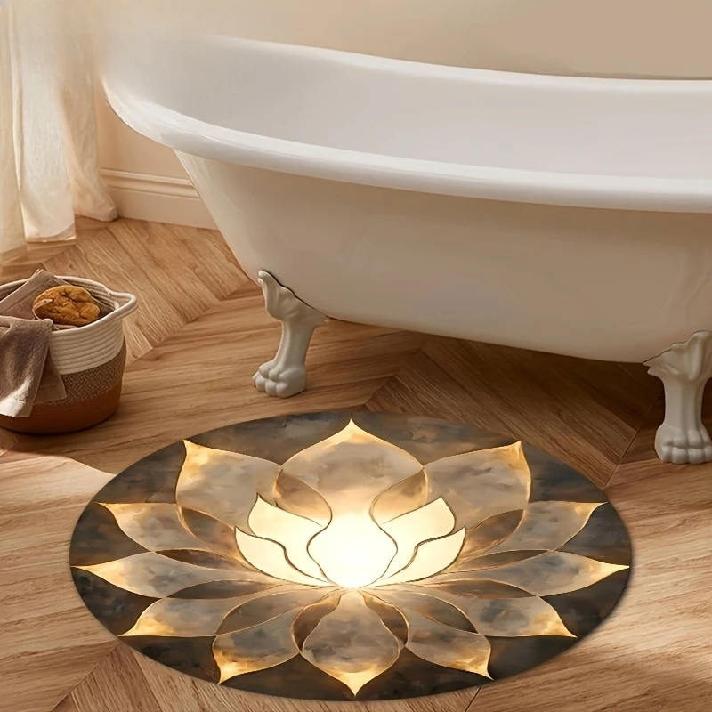 Elegant Metallic Silver Flower Circular Rug  Sparkling Diamond Accent Soft Round Area Carpet Dressing Chair Mat