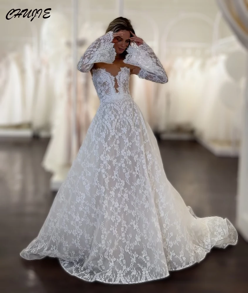 

CHUJIE Full Lace Long Flare Sleeve White Dress White Gorgeous Bridal Gown A Line свадебное платье Customized vestido de novia