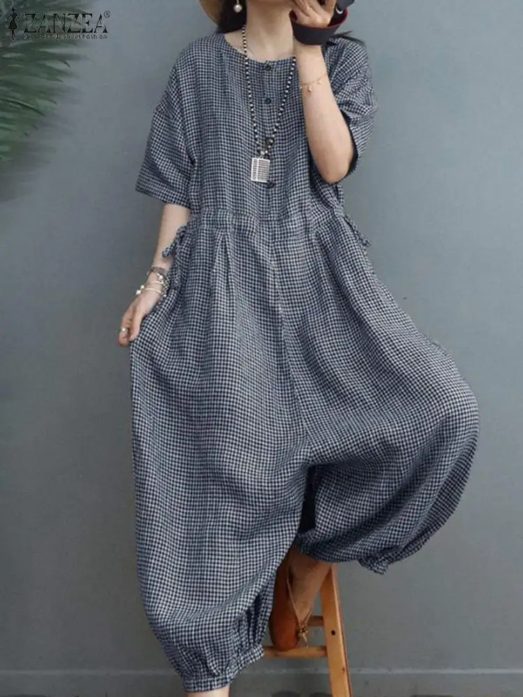 ZANZEA Summer Women Fashion Half Sleeve Loose Wide Leg Jumpsuits Casual Holiday Playsuits Overalls Vintage Plaid Checked Rompers