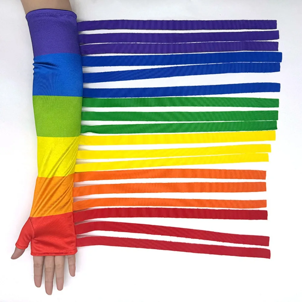 Weiche Stretch Regenbogen Lange Handschuhe Mode Kostüm Regenbogen Quaste Handschuhe Parade Fransen Bunte Fäustlinge Party