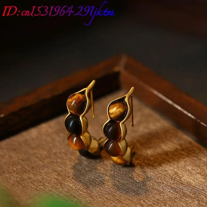 Tiger Eye Pod Earrings Gemstone Real Jewelry Designer Ear Stud Vintage Fashion Accessories 18K Gold Plated Charm Amulet Luxury