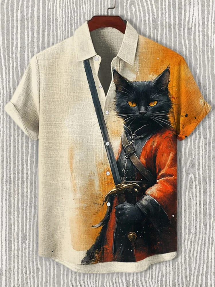 

Men's Funny Black Cat Katana Samurai Japanese Art 3D Print Casual Shirts Summer Men Women Short Sleeve Blouse Hawaiian Beach Top