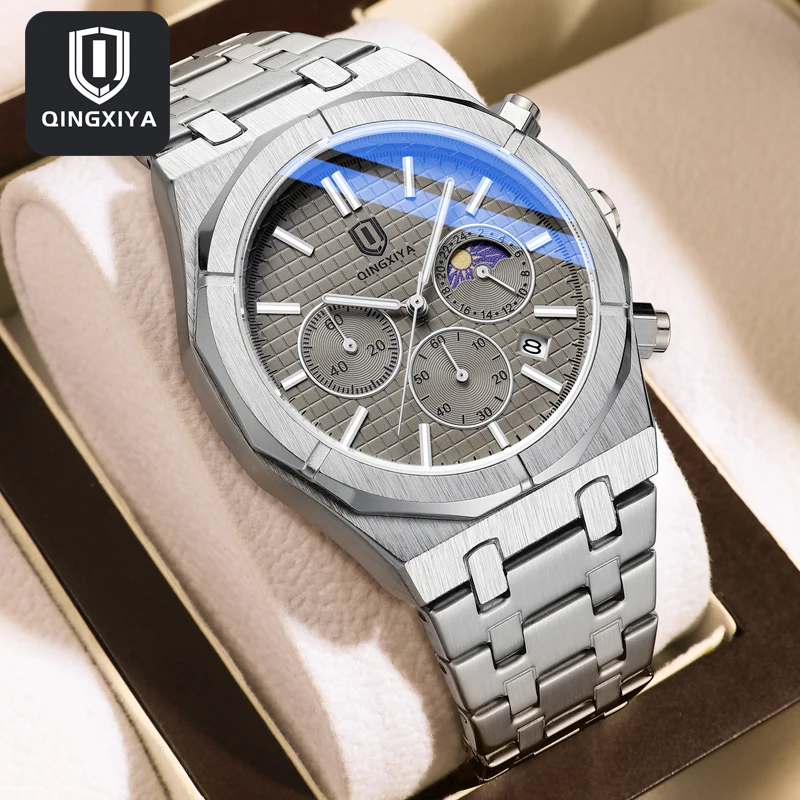 

QINGXIYA Brand Luxury Moon Phase Quartz Watch Men Stainless Steel Waterproof Luminous Date Chronograph Watches Relogio Masculino