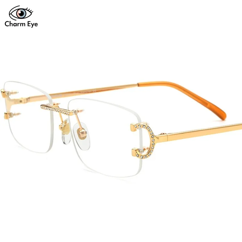 

Безрамные очки с бриллиантами, оправа для очков, мужские деловые квадратные оптические квадратные очки для близорукости, женские модные очки с защитой от синего света