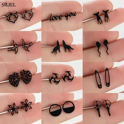 New Black Stainless Steel Earrings for Women Men Simple Darts Tadpole Wolf Organ Heart Round Earring Pin Ear Studs Wholesale