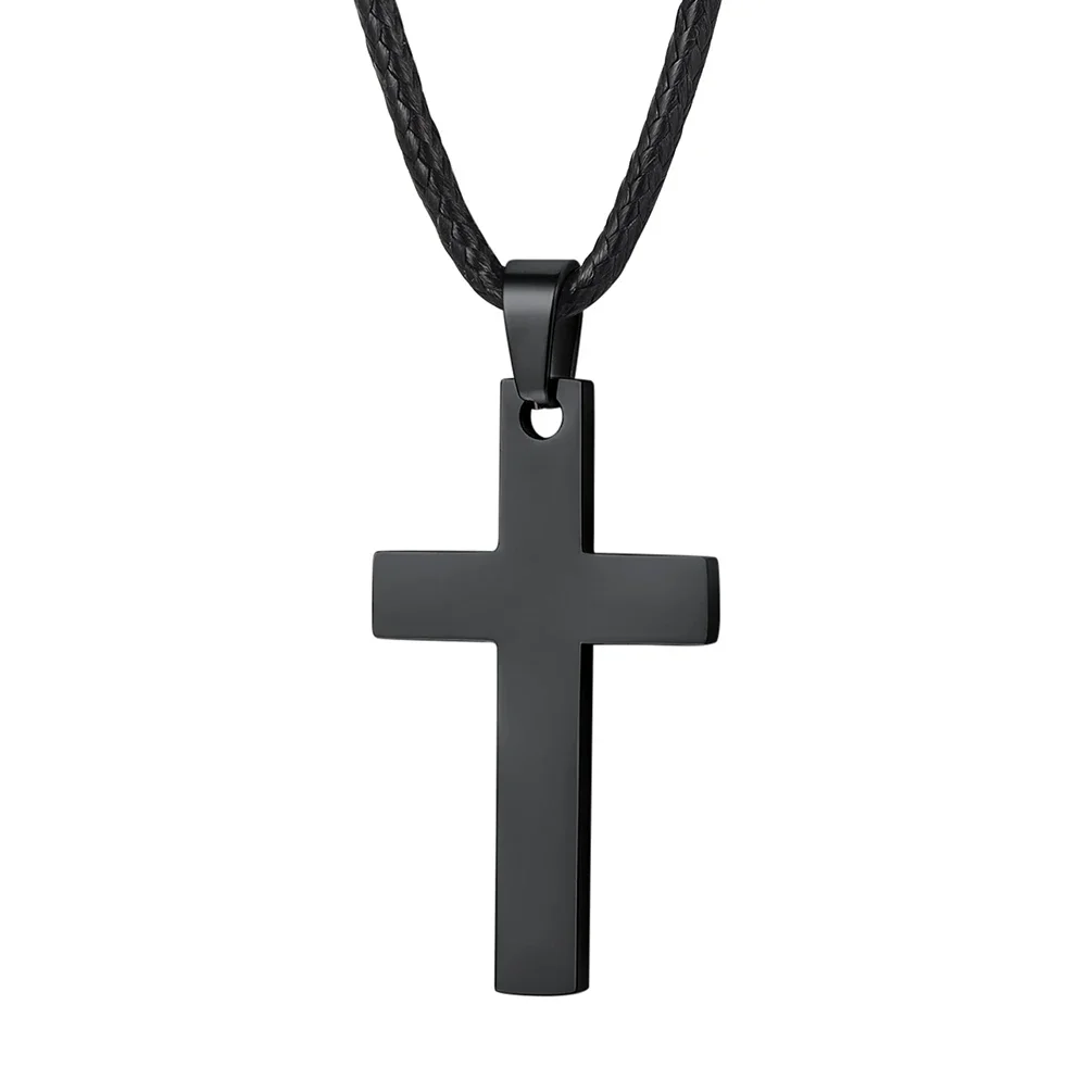 ChainsPro Stainless Steel Pendant Necklace for Men Women Cool Punk Cross Necklace Black Leather Cord CP737