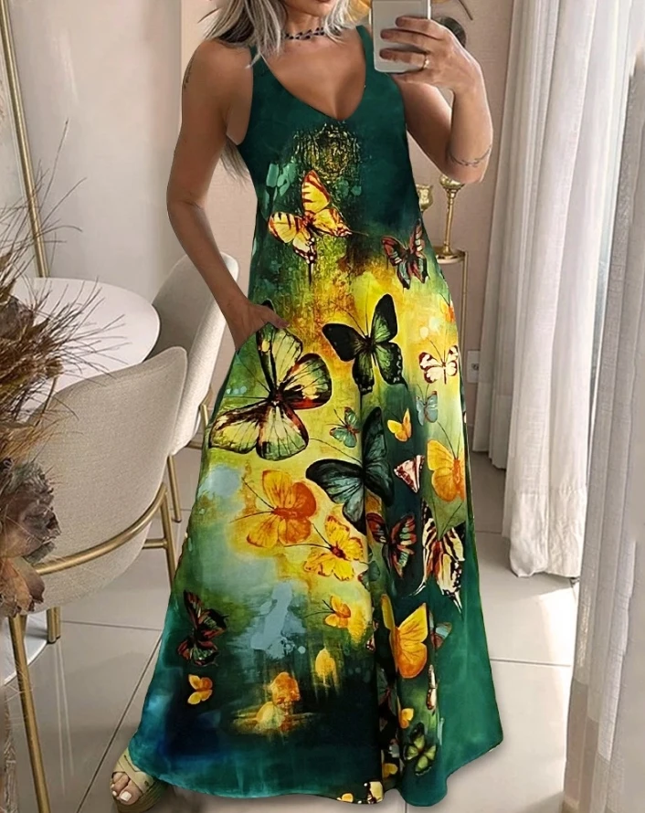 

2024 Summer Women's Dress Casual Vacation Colorblock Butterfly Print V-Neck Straps Sleeveless Pocket Design A Line Maxi Dress