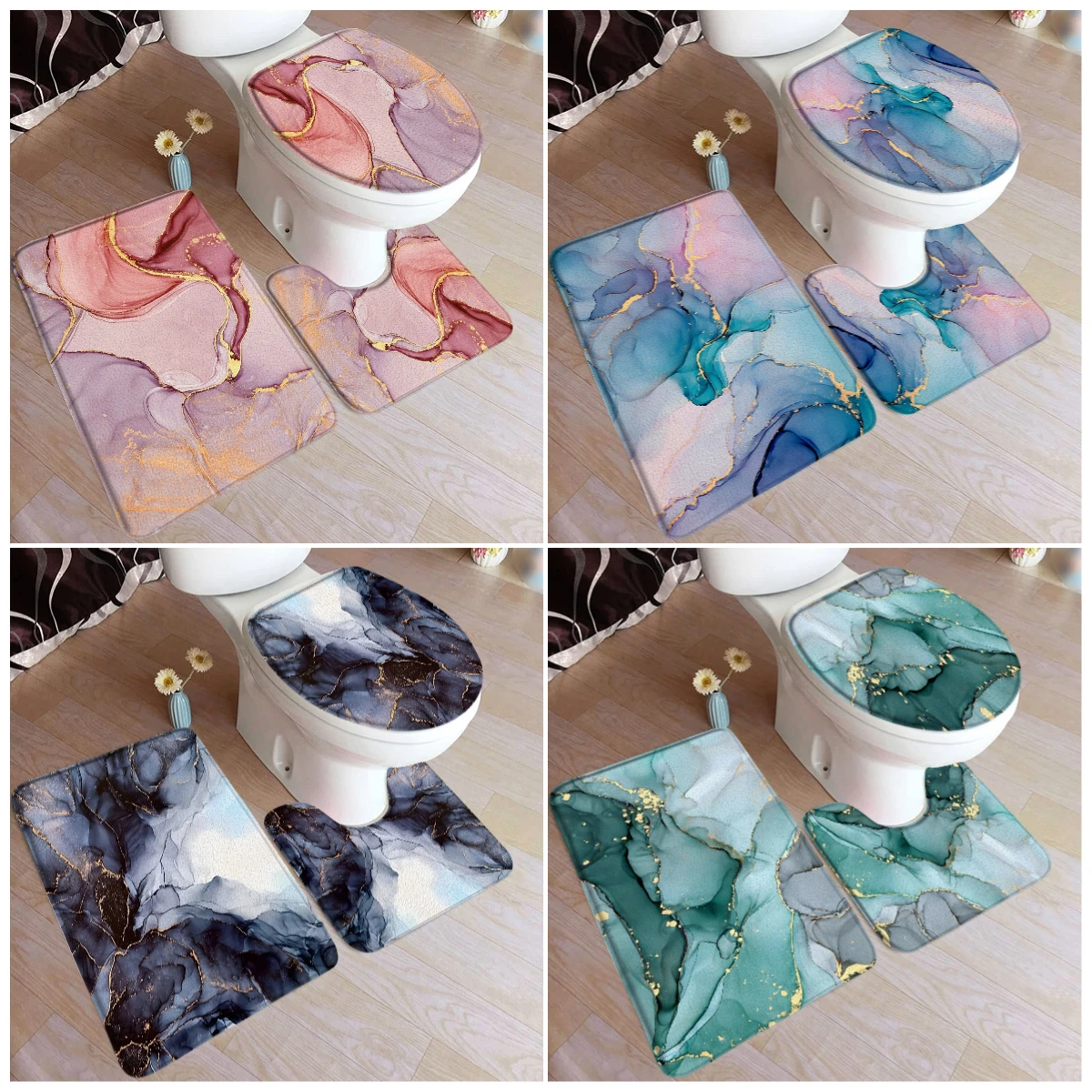 

Абстрактный мраморный коврик для ванной, набор современных чернильных художественных текстурированных домашних ковров, фланелевые декоративные напольные коврики для ванной комнаты, U-Mats, крышка для унитаза