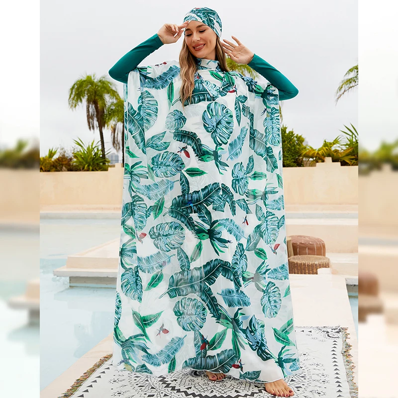 

Burkini Green Leaf Print Swimsuit for Women, Full Cover Diving Surf, 4-Piece Beach Sun Protection Swimsuit, New Burkini