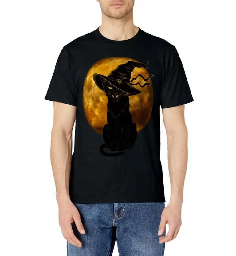 Scary Vintage Black Cat with Witch Hat Full Moon Retro Halloween Costume Men Women T-Shirt