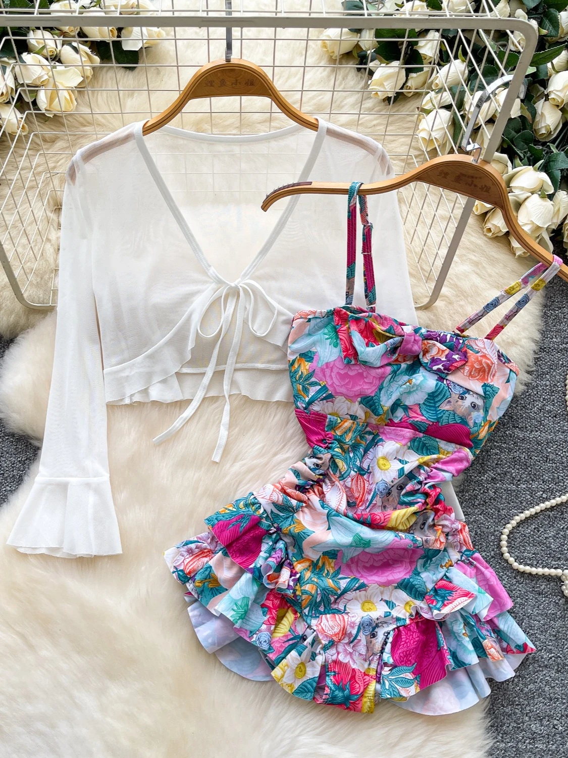 Foamlina Baju Renang Ruffles Ramping Tanpa Lengan Motif Bunga Tali Spaghetti Seksi dengan Pakaian Renang Wanita Fashion Liburan Pantai