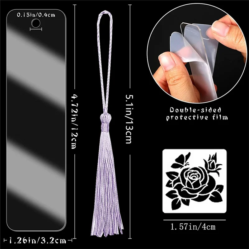 Blank Acrylic Bookmark Set, Clear Acrylic Blank Bookmark, Colorful Tasseland Painting Flower Style Pattern Template